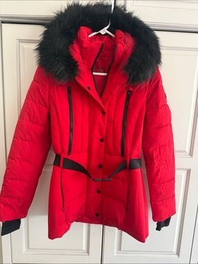 MICHAEL Michael Kors Red Puffer Coat with Black Faux-Fur Hood
